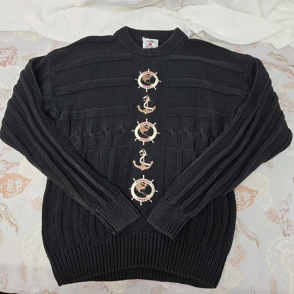 Vintage Regatta Sport Sailing Nautical Cable Knit Cotton Sweater USA Size L